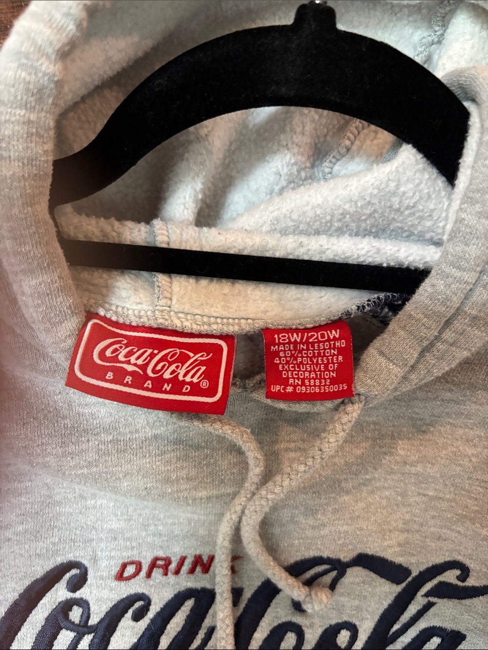 Coca Cola Women’s Hooded Pullover Sweatshirt - Gray with Navy Sleeves - Picture 2 of 5